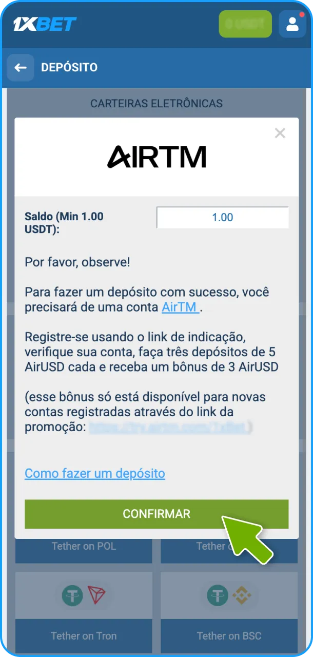 Adicione fundos e faça o primeiro depósito na sua conta 1xBet.