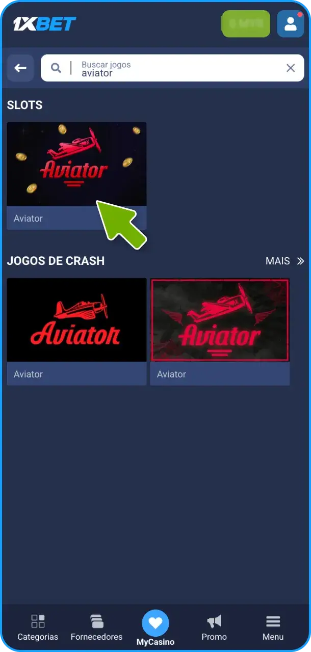 Use a barra de busca para pesquisar e iniciar um jogo Aviator.