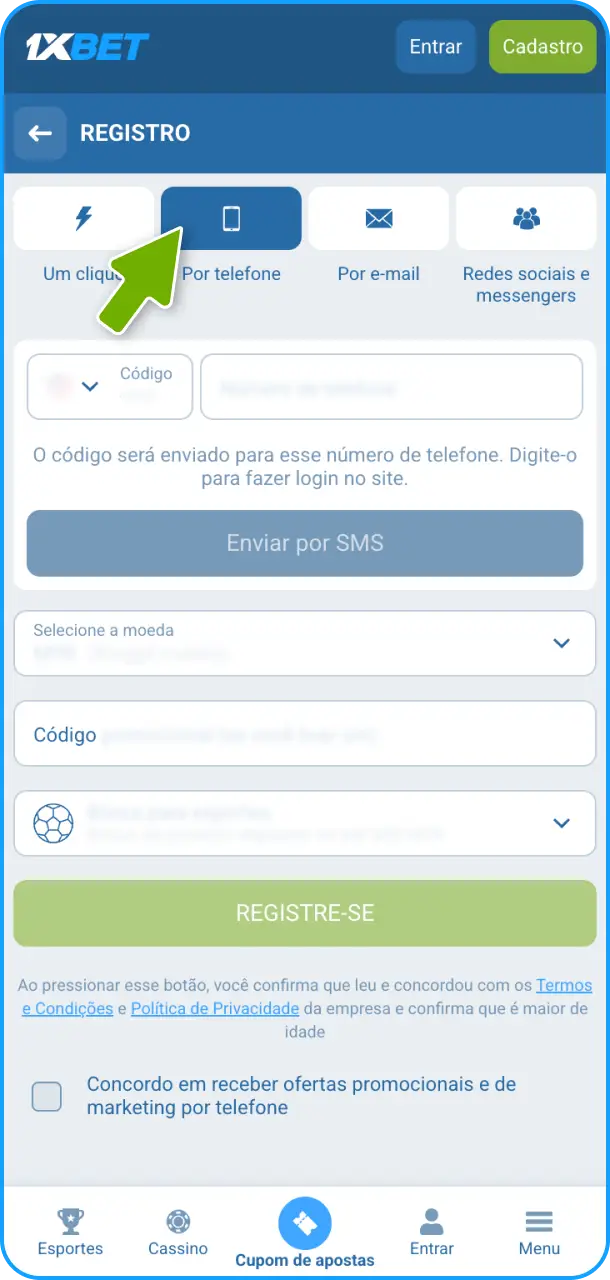 Crie sua conta com o registo por número de telefone na 1xBet.