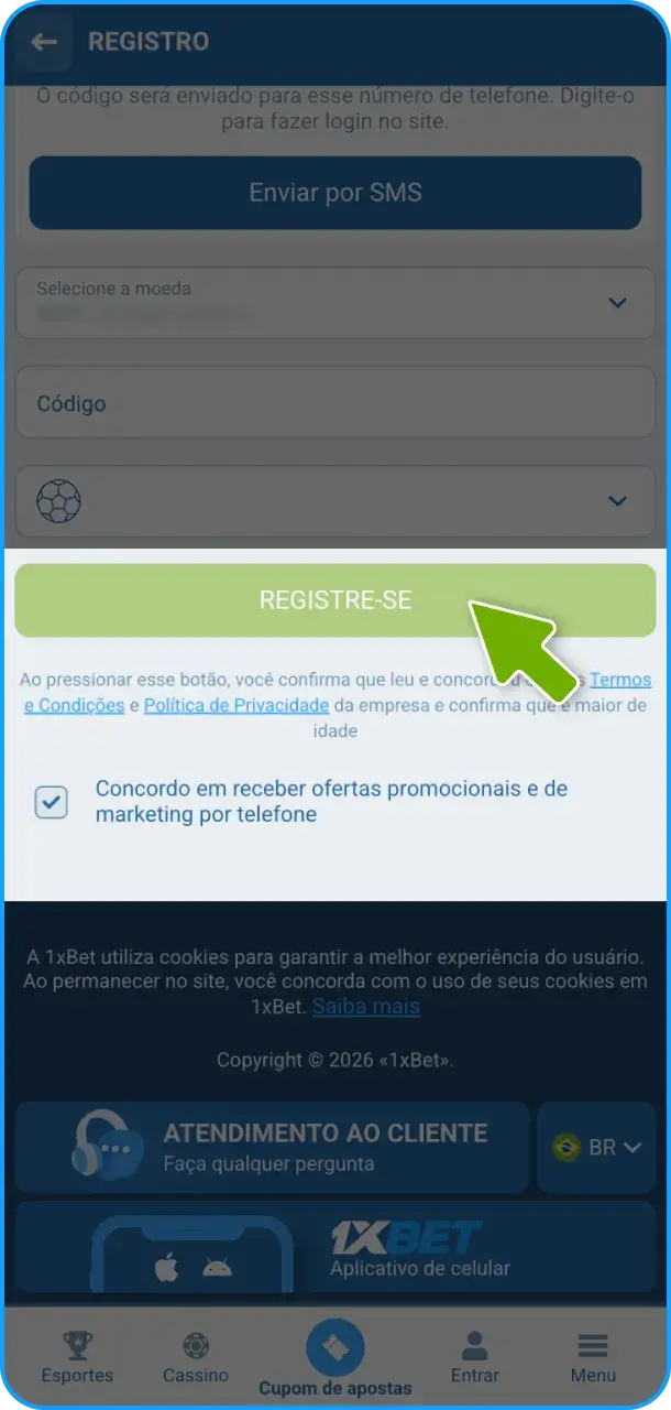 Finalize os passos para a conclusão do registro e login na 1xBet.