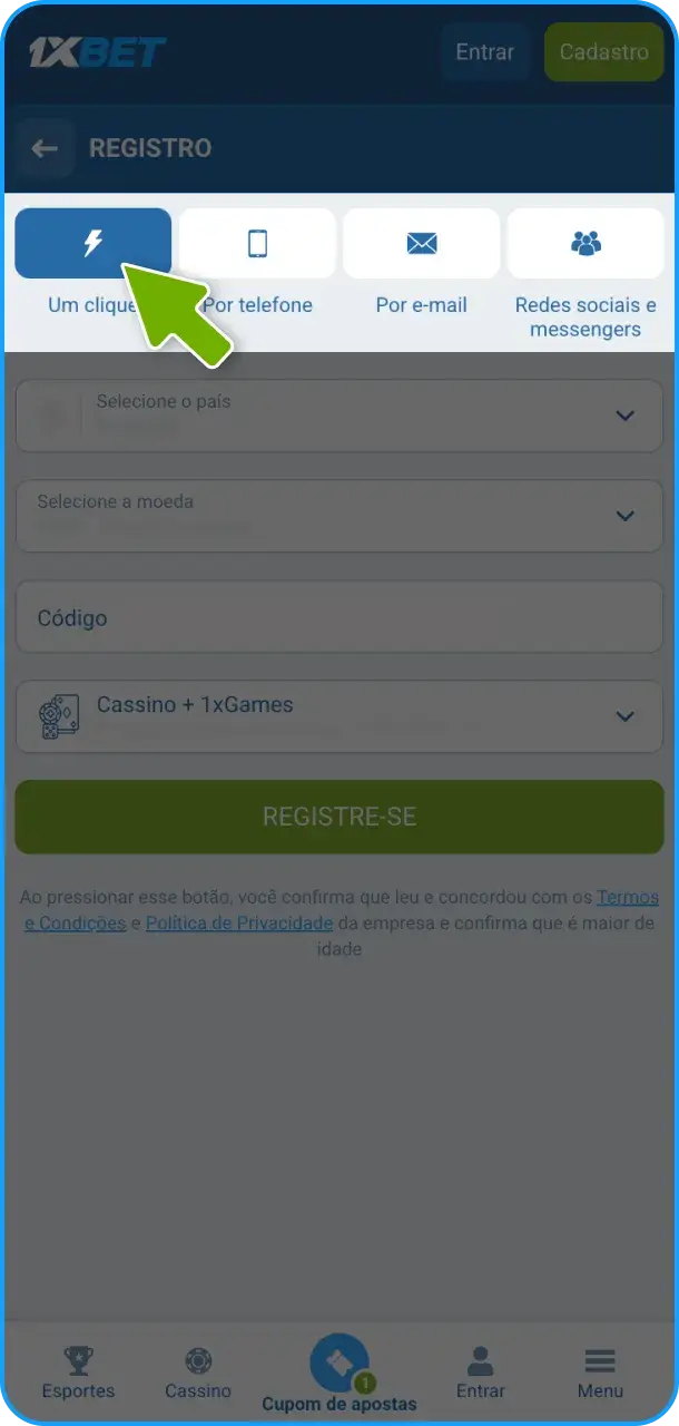 Inicie o processo com a seleção de país e método de registro.